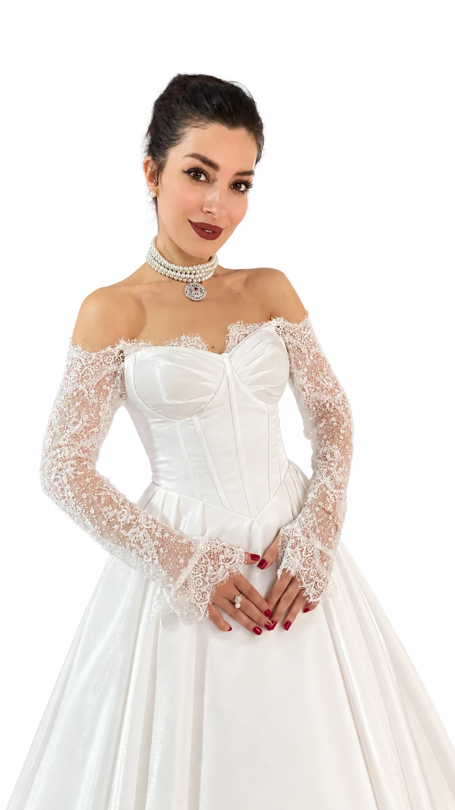 Satin-finish lace-sleeve gown